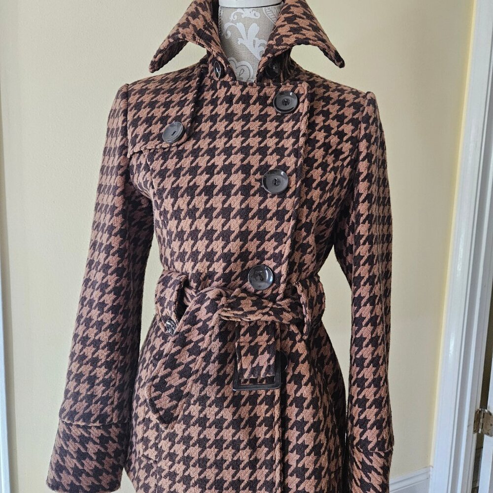 Orsay Brown Tan Wool Blend Houndstooth Jacket/ Coat Size 6 - Picture 5 of 10